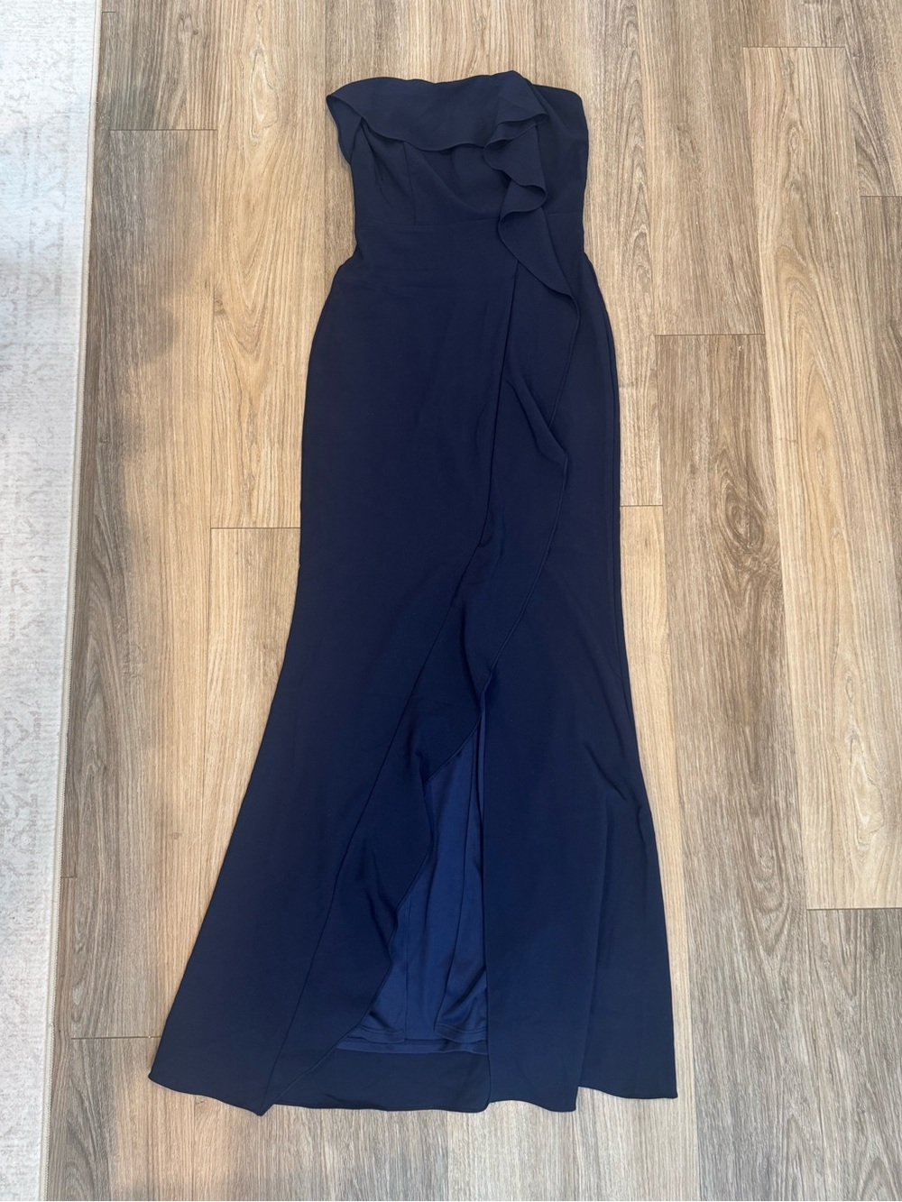 Lulu's Strapless Navy Ruffle-Trim Gown